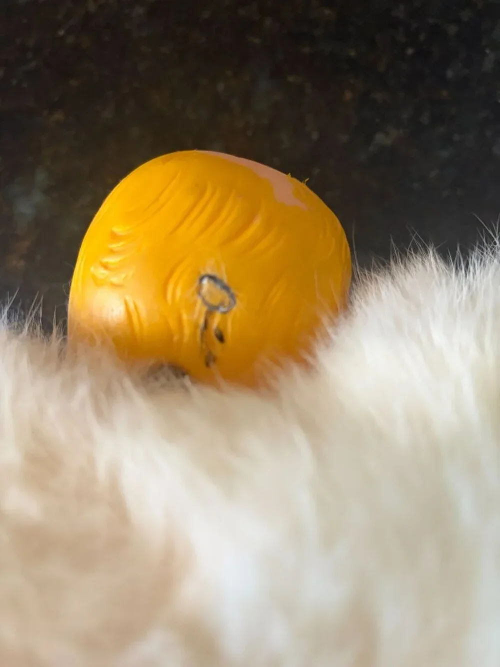 Vintage 1950's Kitschy Molded Rubber Doll Head, Fur Muff
